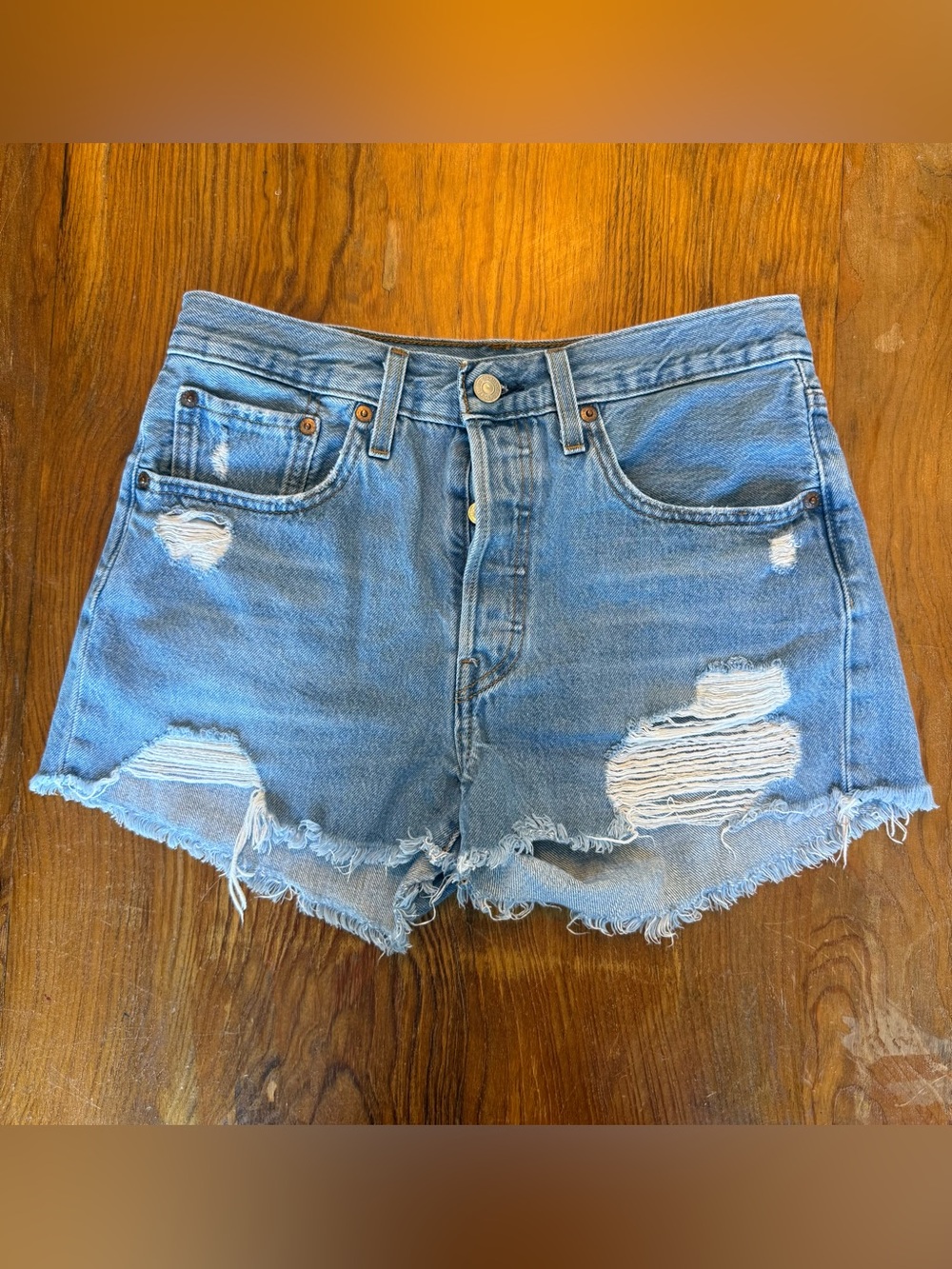 Levi 501 Shorts Size 27, Light Blue Denim with Distressing 100% Cotton